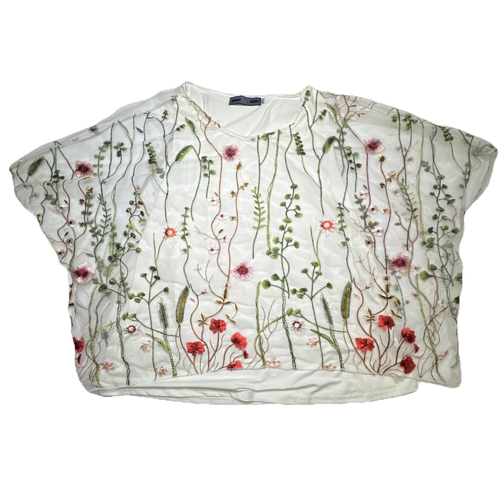 Highness Womens L/XL White Floral Embroidered Mesh Overlay Top Wildflower Boho